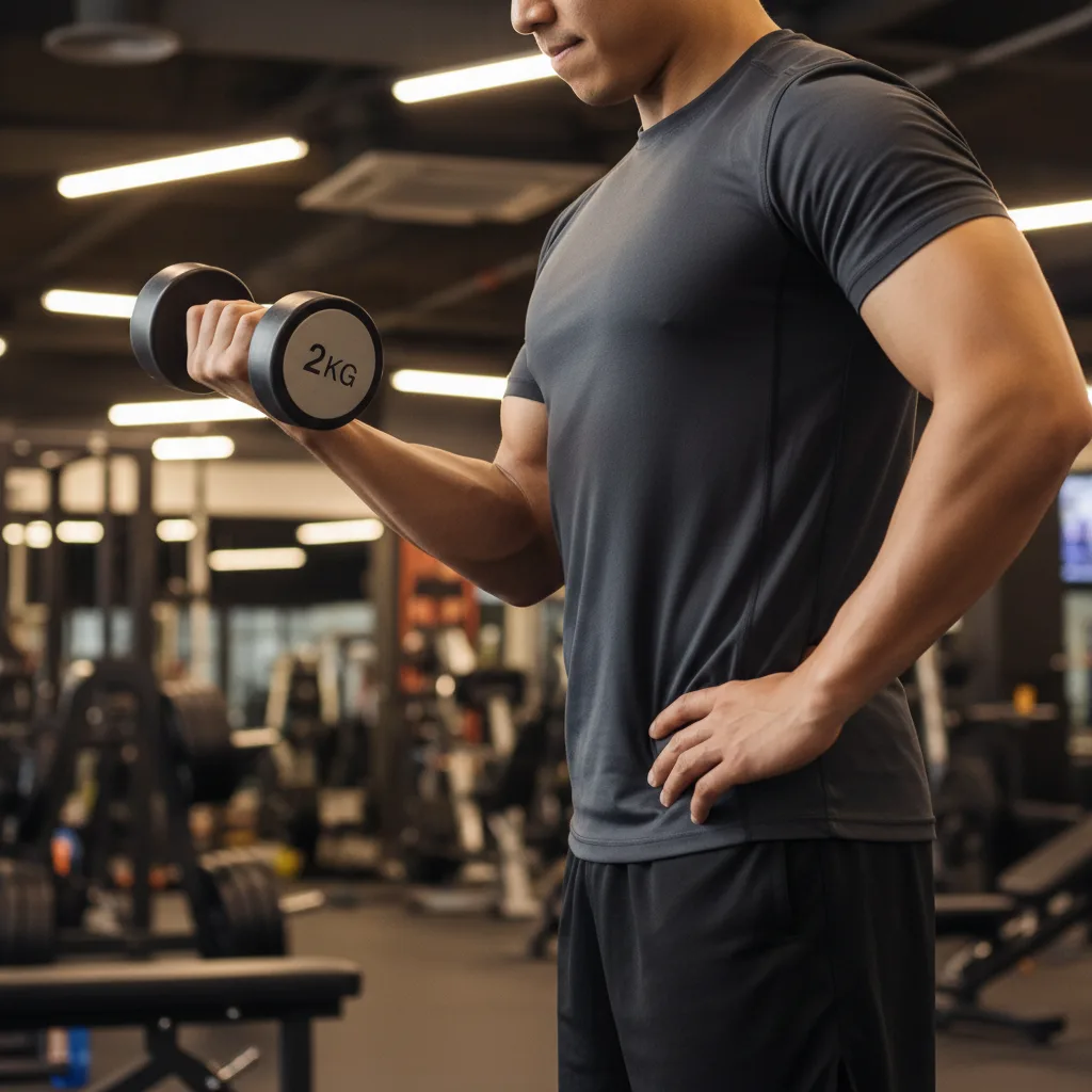 Person performing a standing dumbbell bicep curl with light weight and focused form in a gym