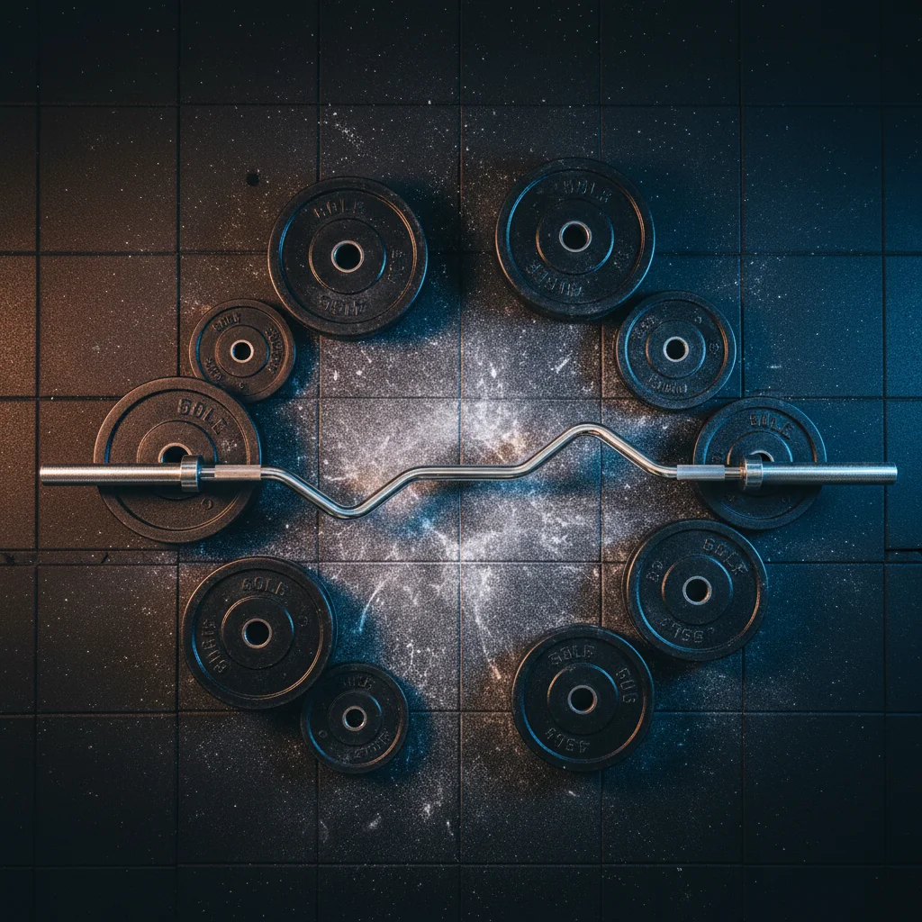 Overhead view of an EZ curl bar on a dark gym floor surrounded by weight plates and chalk dust showing the W-shaped grip angles