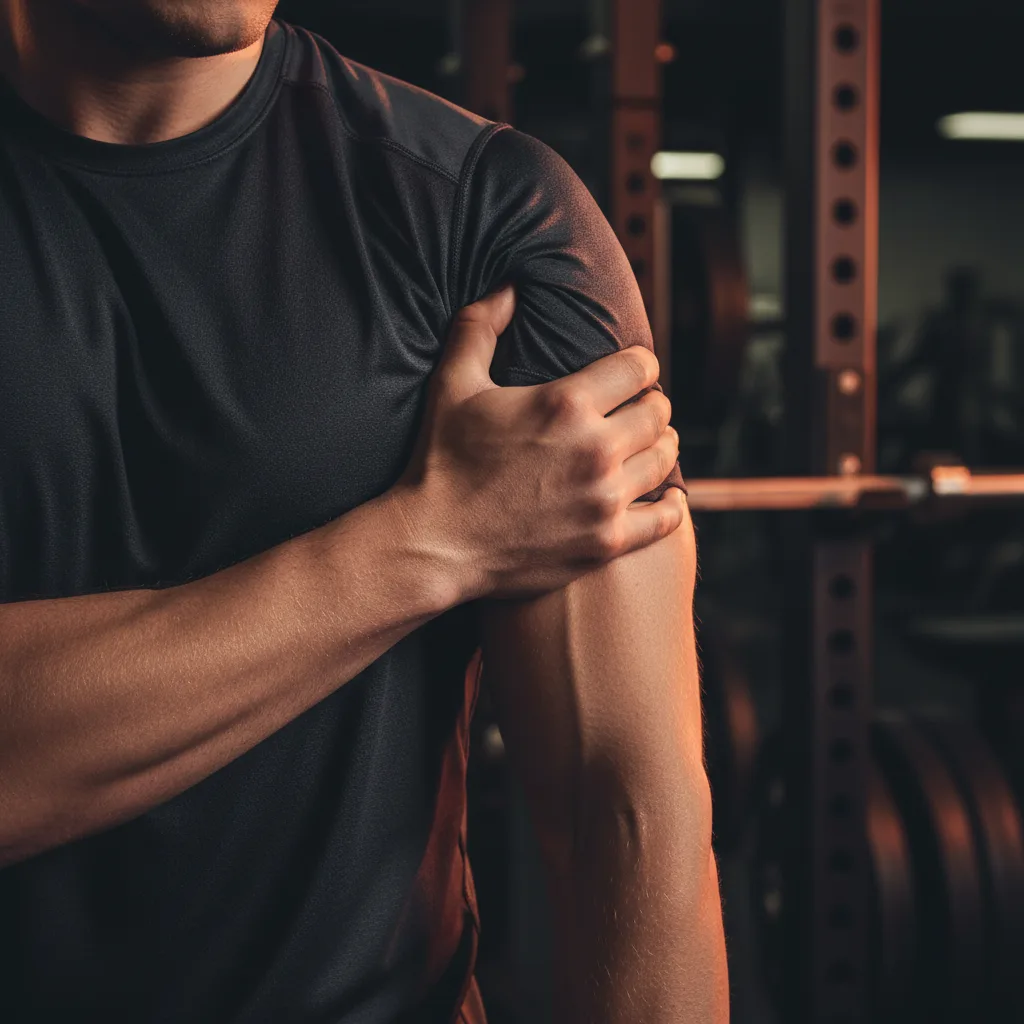 Person gripping their upper arm near the bicep area in pain in a gym setting