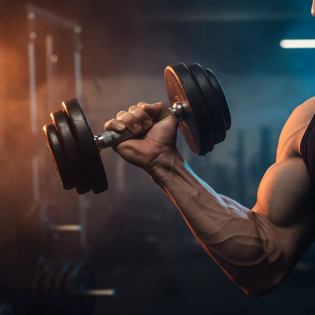 Close-up of a muscular forearm gripping a dumbbell with visible brachioradialis muscle definition and veins during a curl