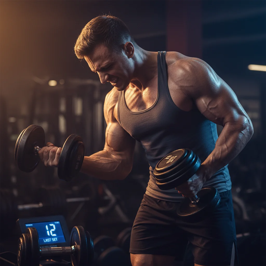 Person performing intense dumbbell bicep curls mid-set showing effort and focus during the final reps
