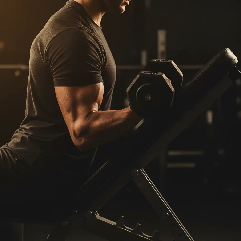 Side view of someone performing an incline dumbbell curl on a 45-degree bench with the bicep in a stretched position