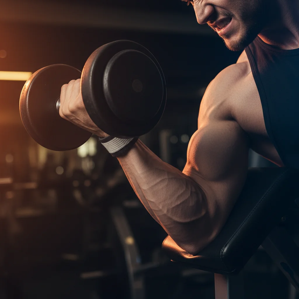 Person performing a strict isolation curl with one dumbbell with elbow locked in place and intense bicep contraction