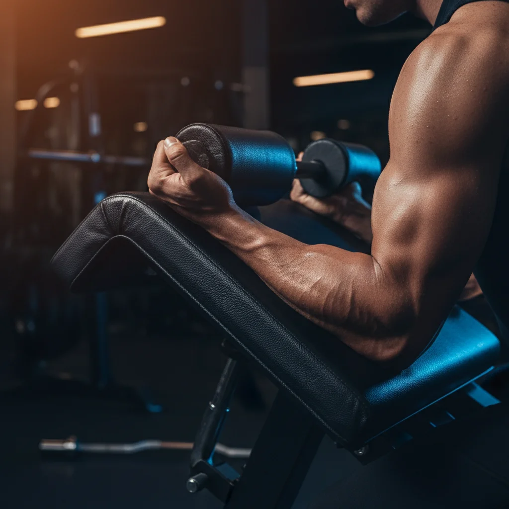 Close-up of a preacher curl bench pad at a 45-degree angle with a person's arm resting on it mid-curl showing the relationship between pad angle and arm position