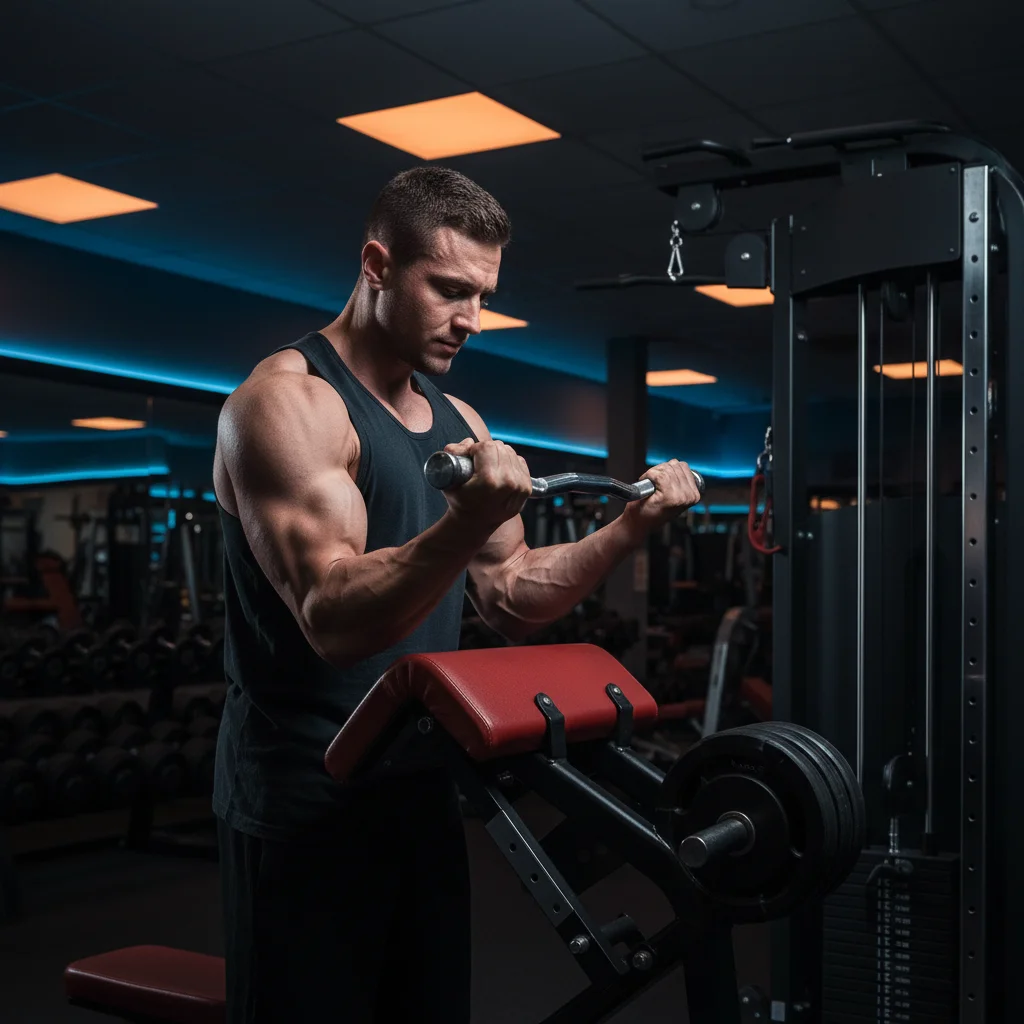 Person using a preacher curl machine with arms on the pad curling the handles upward in a gym
