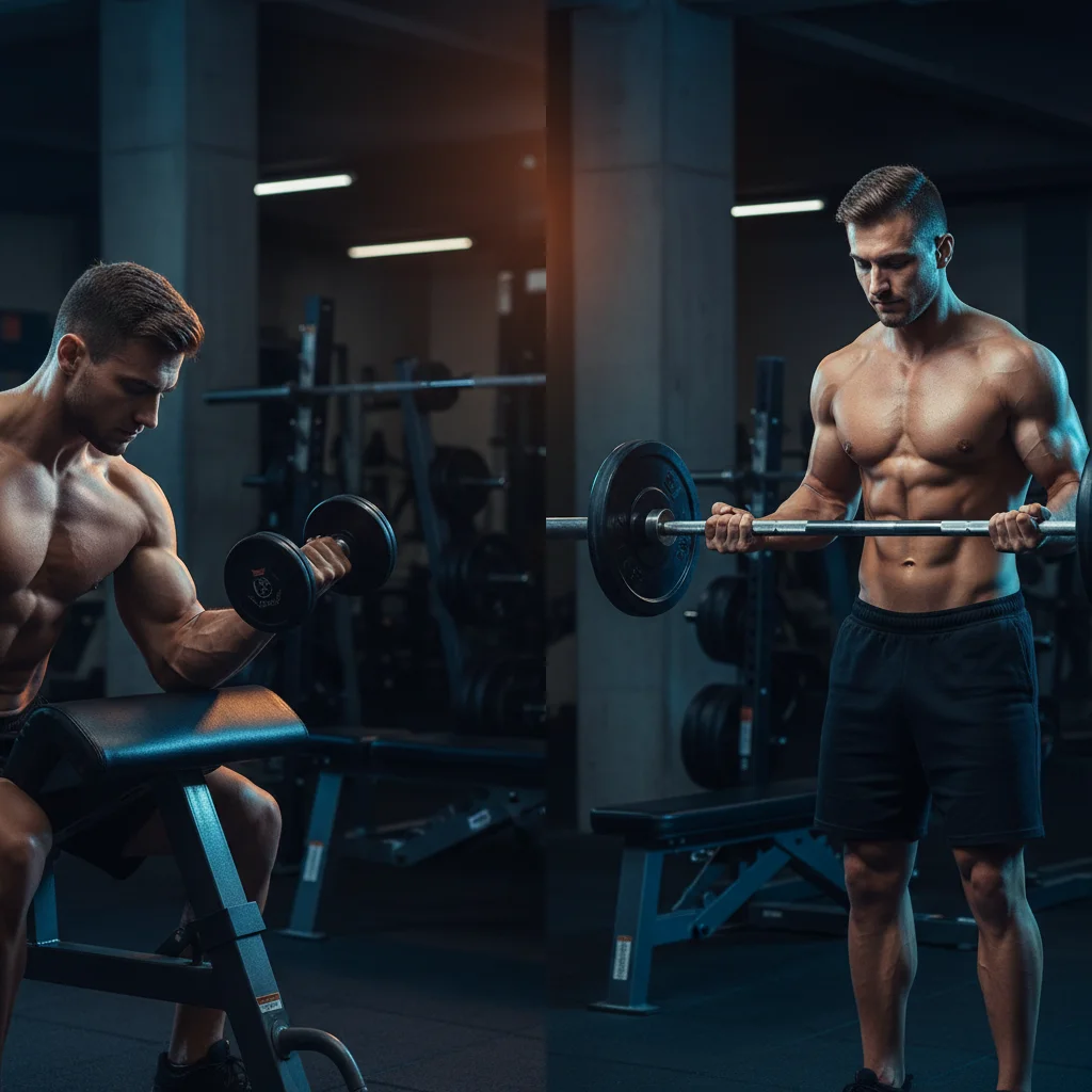 Split comparison showing a preacher curl on a bench pad on one side and a standing barbell curl on the other highlighting the differences between both exercises