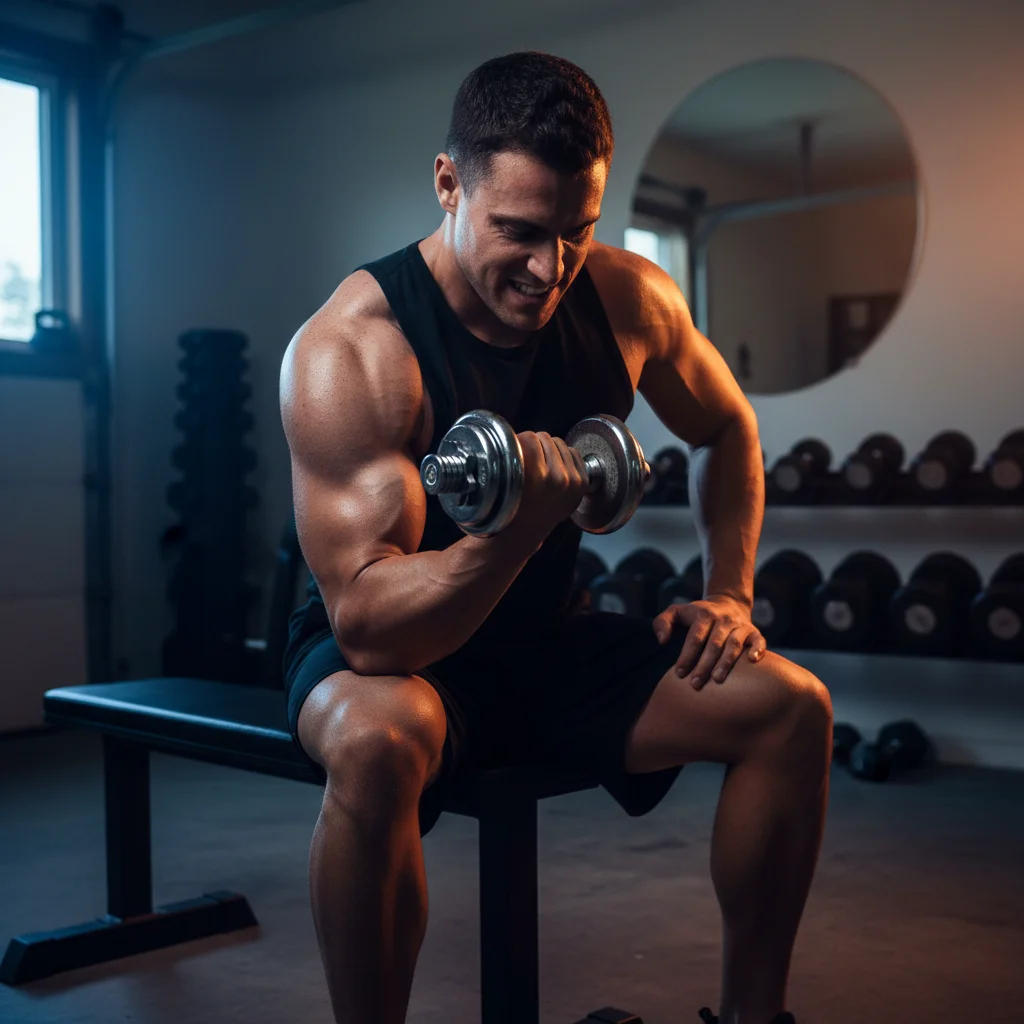 Person performing a concentration curl at home with arm braced against inner thigh as a preacher curl alternative with minimal equipment