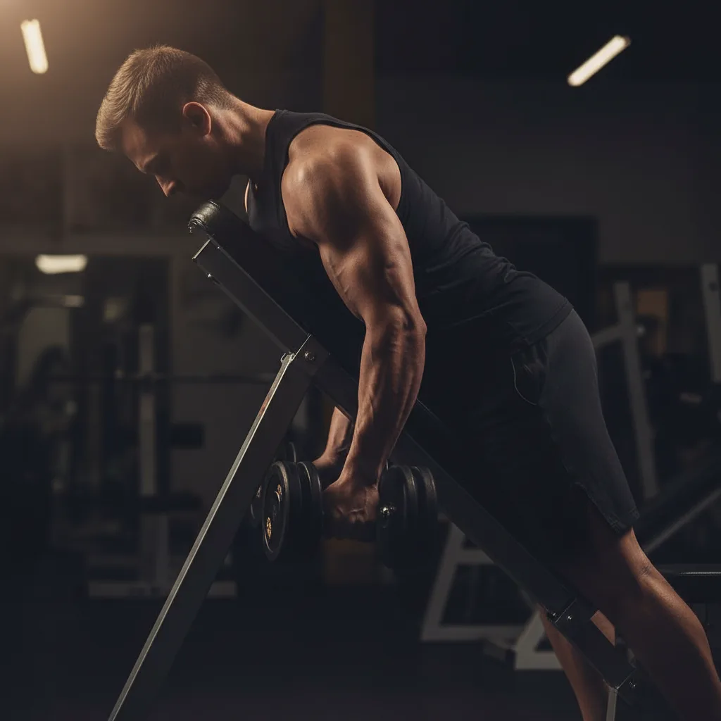 Person performing a spider curl face-down on an incline bench with dumbbells hanging down