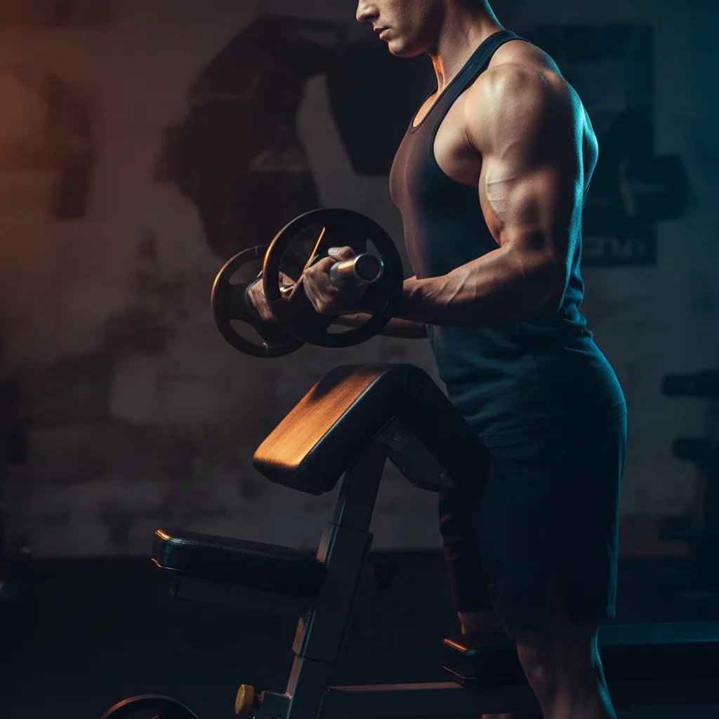 Person standing behind a preacher curl bench with upper arms resting on the angled pad curling an EZ bar with strict form