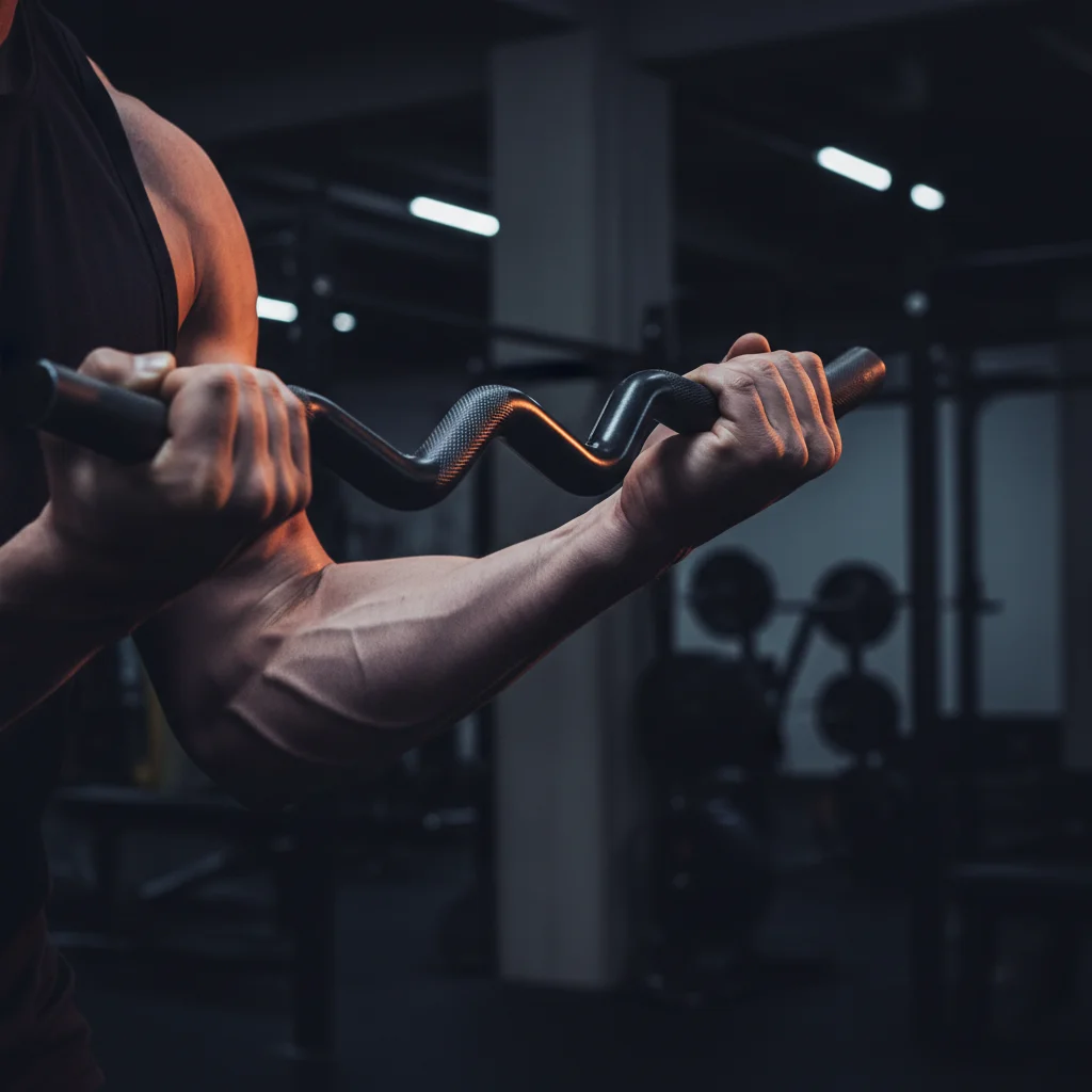 Hands gripping an EZ curl bar during a bicep curl showing the angled grip sections and forearm muscles engaged