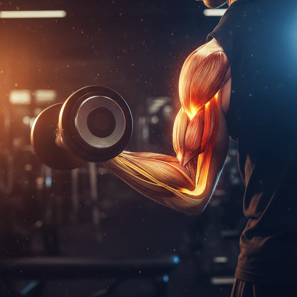 Arm performing a dumbbell bicep curl with anatomical muscle overlay showing biceps brachii brachialis and brachioradialis highlighted