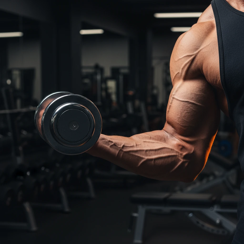 Muscular arm performing a dumbbell curl showing peak bicep contraction with dramatic gym lighting